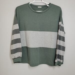 Green and Gray Color Blocked Striped Long Sleeve Shirt 2X